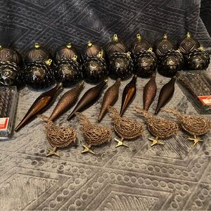 Elegant Brown Christmas Ornament Set. Lot of 28 plus 2 boxes icicle ornaments